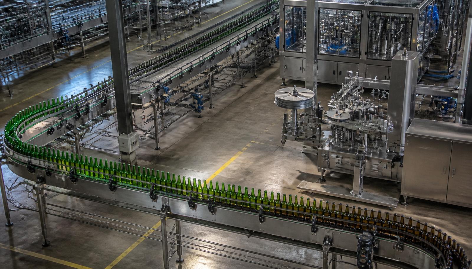 Used complete brewery packaging line with green beer bottles on a conveyor through a labeller